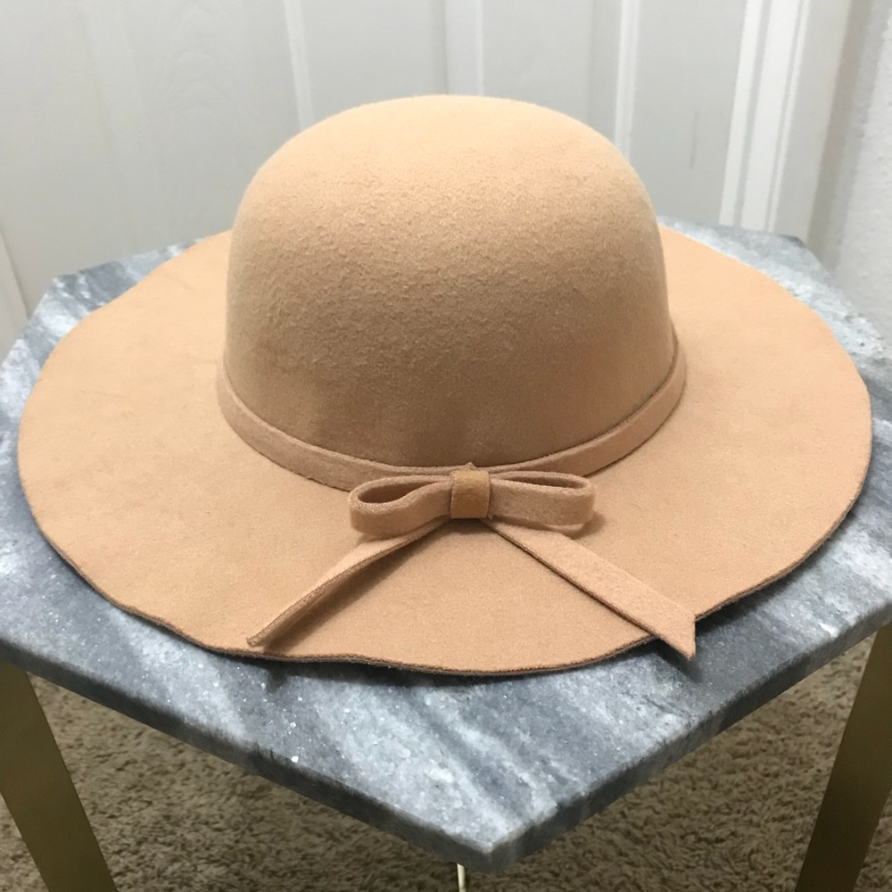Tan floppy fedora wool felt hat with bow detail